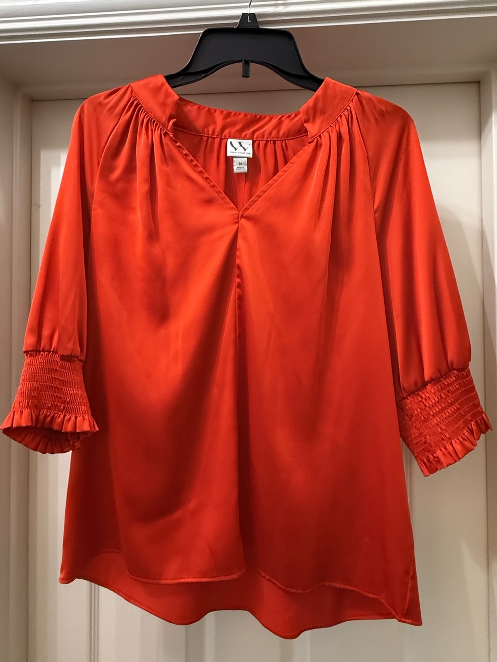Worthington Orange Satin V-Neck Blouse with Smocked Ruffle Cuffs